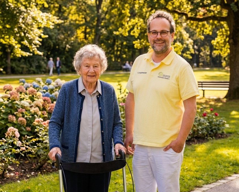 Pflegekraft des Ambulanten Pflegedienstes Kollmeier begleitet eine Seniorin mit Rollator bei einem Spaziergang im Park